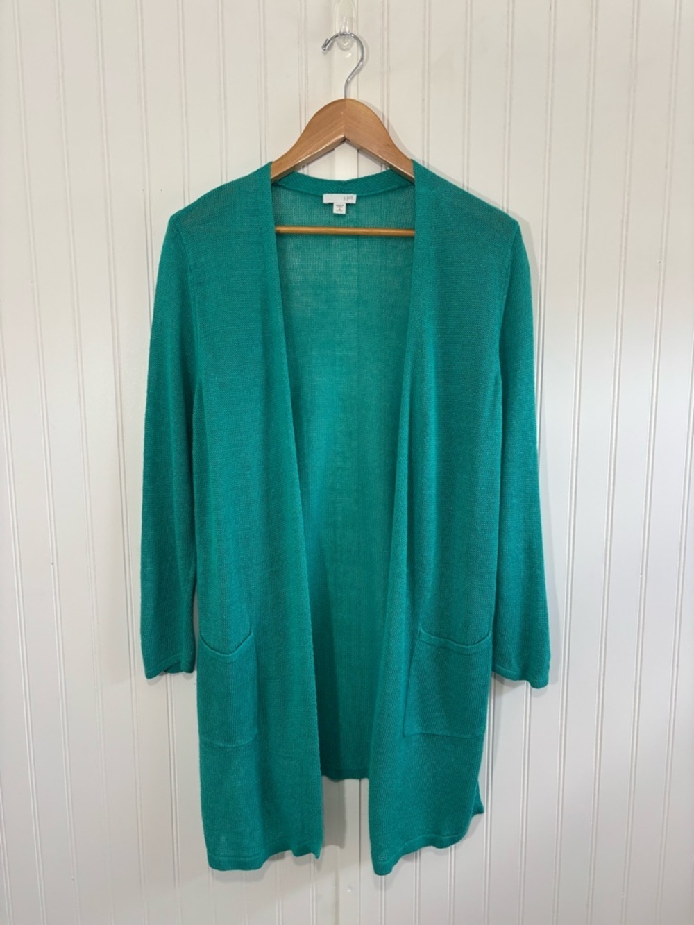 J.Jill Teal Linen Blend Open Front Cardigan Medium Petite Lightweight Pockets